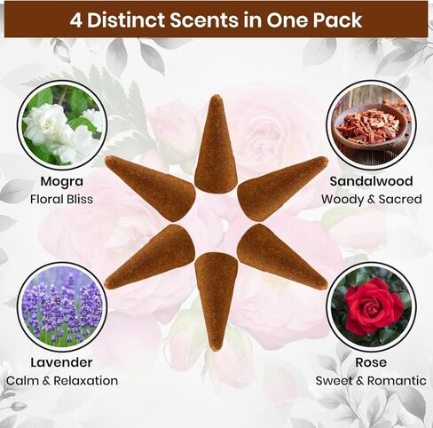 Natural Incense Cones | Rose, Lavender, Mogra (Jasmine) & Sandalwood | Variety Pack - 64 Total Cones (4 Scents x16 Cones) |Hand-Rolled, 100% Organic Non-Toxic, Chemical-Free| Extra Long, Slow Burning in Saudi Arabia