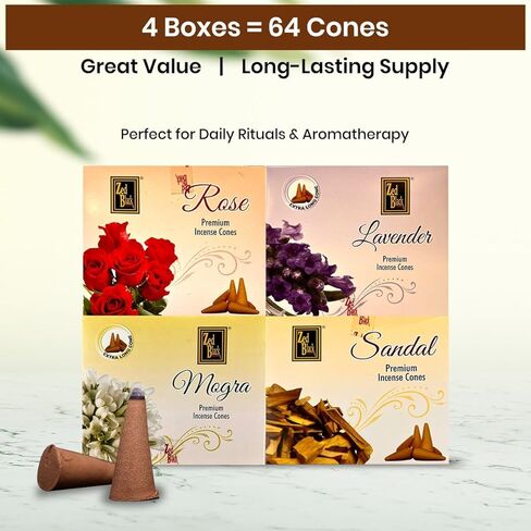 Natural Incense Cones | Rose, Lavender, Mogra (Jasmine) & Sandalwood | Variety Pack - 64 Total Cones (4 Scents x16 Cones) |Hand-Rolled, 100% Organic Non-Toxic, Chemical-Free| Extra Long, Slow Burning in Saudi Arabia