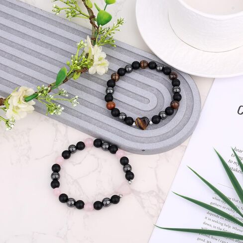 Mikovivi 2pcs الأساور الواقية الثلاثية، عين النمر وروز كوارتز أساور مطرزة مرنة مع كريستال القلب للنساء الرجال الزينة والهدايا والمجوهرات الروحية in Saudi Arabia