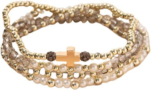 Christian Cross Stretching Bracelet WWJD Cross Crystal Beads Woven Colorful Crystal Elastic Boho Bracelet Adjustable Christian What Would Jesus Do Wristbands for Women Men Religious Jewelry Gifts in Saudi Arabia
