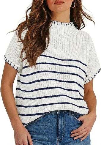 سترة مخططة مخططة قصيرة الأكمام سترة وهمية عنق مضلعة in Kuwait