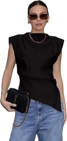Suillty Women's Ruched Cap Sleeve Shoulder Pad Tank Tops Asymmetrical Hem Zipper Summer Casual Basic Tee Shirt Blouses in Saudi Arabia