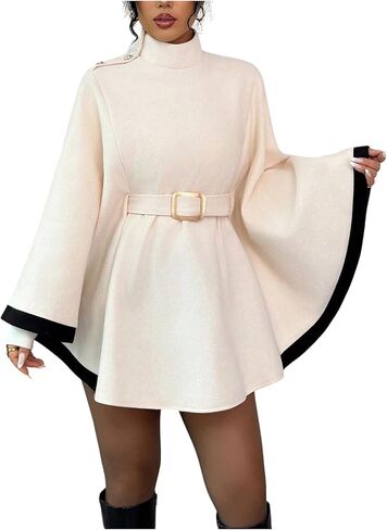 MakeMeChic Women's Mock Neck Poncho Pea Coat Dolman Sleeve Belted Work Office Jacket Overcoat in Saudi Arabia