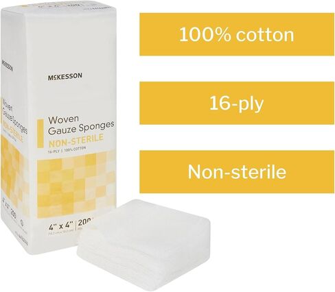 McKesson Woven Gauze Sponges, 16-Ply Non-Sterile, 100% Cotton, 4 in x 4 in, 200 per Pack, 1 Pack in Saudi Arabia