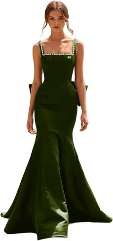 Prom Dresses Satin Pearl Spaghetti Straps Mermaid Long Party Gowns Backless Square Neckline Dress with Train in Saudi Arabia