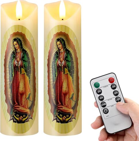 Baquler 2 Pcs Religious Flameless LED Prayer Candle Real Wax Baptism Set Devotion Candles Religious Decoration Gift for Home and Office, Battery Operated with Remote Control(Lady of Guadalupe) in Saudi Arabia