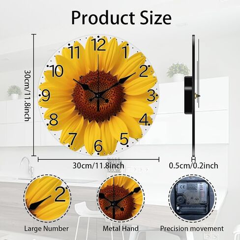 CHGCRAFT Sunflower Pattern Wall Clock Sunflower Non-Ticking Clock 12 Inch Round Decorative Clocks Printed Wall Clocks for Home Office Decoration in Saudi Arabia