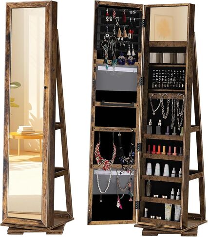 AGVOTK Full-Length Mirrored Jewelry Cabinet, Freestanding Lockable Jewelry Armoire Organizer for Necklaces, Rings & Earrings, Black (Rustic Brown) in Kuwait