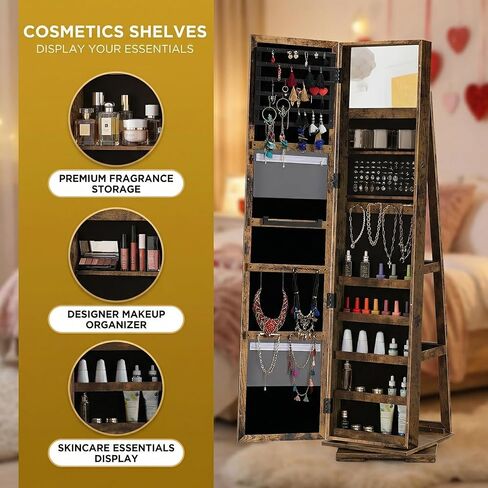 AGVOTK Full-Length Mirrored Jewelry Cabinet, Freestanding Lockable Jewelry Armoire Organizer for Necklaces, Rings & Earrings, Black (Rustic Brown) in Kuwait