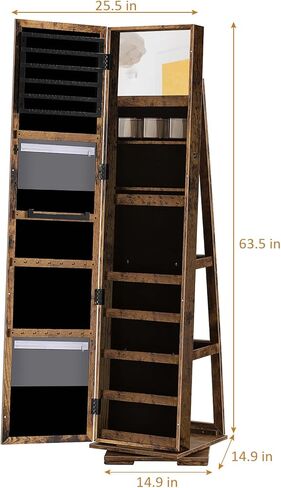 AGVOTK Full-Length Mirrored Jewelry Cabinet, Freestanding Lockable Jewelry Armoire Organizer for Necklaces, Rings & Earrings, Black (Rustic Brown) in Kuwait