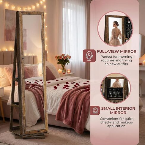 AGVOTK Full-Length Mirrored Jewelry Cabinet, Freestanding Lockable Jewelry Armoire Organizer for Necklaces, Rings & Earrings, Black (Rustic Brown) in Kuwait