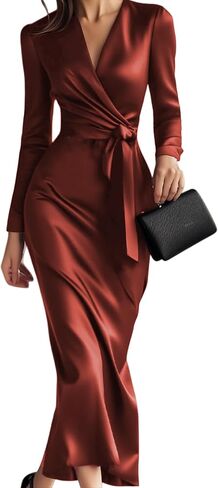 ZEEJINNG Women Long Sleeve V Neck Tie Waist Satin Elegant Formal Cocktail Wedding Guest Bodycon Midi Dress in Saudi Arabia