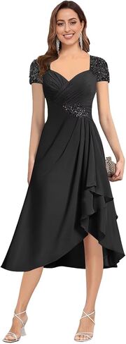 فساتين أم العروس مطرزة من Trifetcrow للنساء من الشيفون بأكمام قصيرة وطول الشاي على شكل حرف A فستان سهرة رسمي in Kuwait