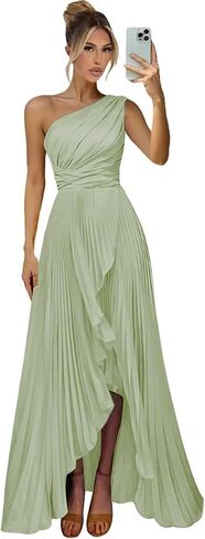 OGMVAUX One Shoulder Bridesmaid Dresses for Women Long Satin Pleated Formal Evening Dress with Slit in Saudi Arabia