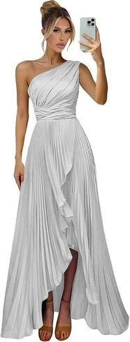 OGMVAUX One Shoulder Bridesmaid Dresses for Women Long Satin Pleated Formal Evening Dress with Slit in Saudi Arabia