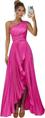 OGMVAUX One Shoulder Bridesmaid Dresses for Women Long Satin Pleated Formal Evening Dress with Slit in Saudi Arabia