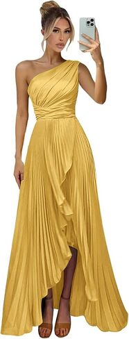 OGMVAUX One Shoulder Bridesmaid Dresses for Women Long Satin Pleated Formal Evening Dress with Slit in Saudi Arabia
