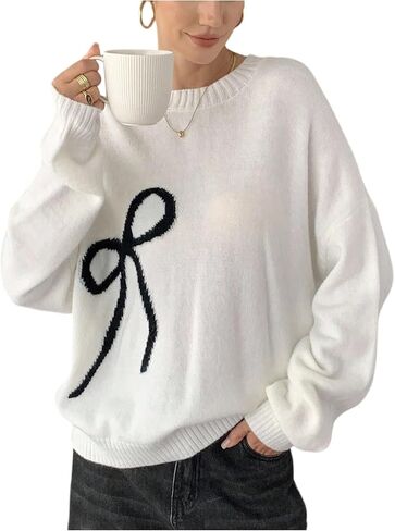 BEAUDRM Women's Bow Sweaters Crew Neck Long Sleeve Jumper Knit Sweater Pullover Tops in Saudi Arabia