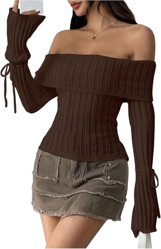 SweatyRocks Women's Off Shoulder Sweater Bell Long Sleeve Flared Bow Tie Slim Fit Knit Tops in Saudi Arabia