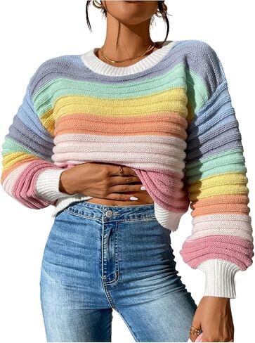 Verdusa Women's Color Block Ribbed Cropped Sweaters Lantern Sleeve Pullover Tops Early Fall Fashion in Saudi Arabia