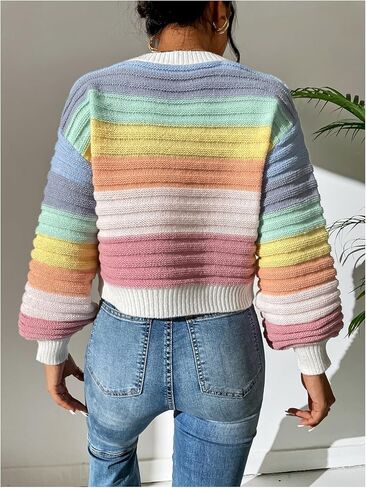 Verdusa Women's Color Block Ribbed Cropped Sweaters Lantern Sleeve Pullover Tops Early Fall Fashion in Saudi Arabia