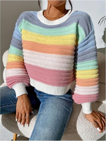 Verdusa Women's Color Block Ribbed Cropped Sweaters Lantern Sleeve Pullover Tops Early Fall Fashion in Saudi Arabia