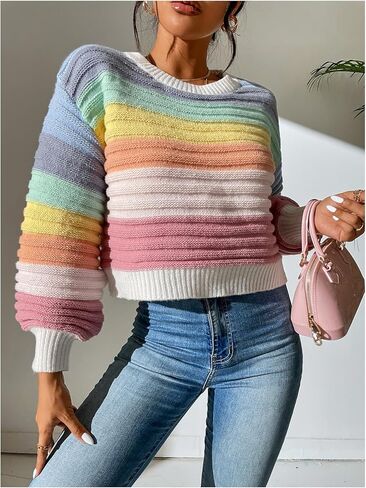 Verdusa Women's Color Block Ribbed Cropped Sweaters Lantern Sleeve Pullover Tops Early Fall Fashion in Saudi Arabia