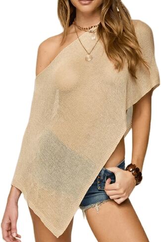 Aonoapll Women Sheer Knit Poncho Off Shoulder Asymmetric Shrug Sweater Pullover Top See Through Cover Up Tops in Saudi Arabia