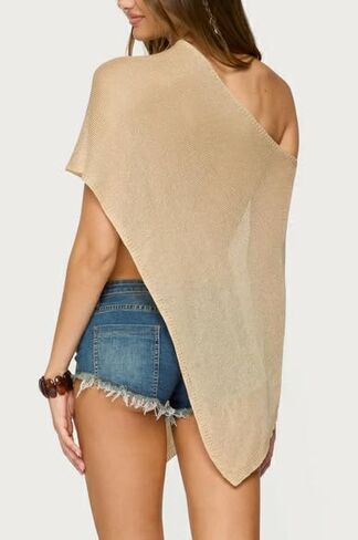 Aonoapll Women Sheer Knit Poncho Off Shoulder Asymmetric Shrug Sweater Pullover Top See Through Cover Up Tops in Saudi Arabia