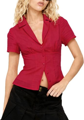 VFURYGD Women Y2K Button-Up Short Sleeve Shirt Slim Fit V Neck Lapel Collar Cropped Top Blouse in Saudi Arabia