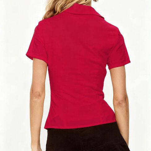 VFURYGD Women Y2K Button-Up Short Sleeve Shirt Slim Fit V Neck Lapel Collar Cropped Top Blouse in Saudi Arabia