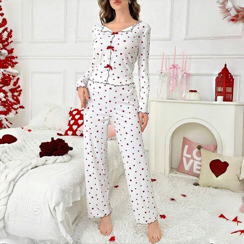 أطقم صالة للنساء طقم بيجامة ملابس نوم مضلعة قميص بأكمام طويلة وطول كشكشة سفلية ناعمة Pjs 2 قطعة in Saudi Arabia