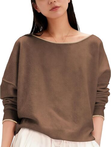 Vimida Womens Sweaters Oversized Off The Shoulder Pullover Tops Long Sleeve Knit Sweater Dressy Casual Outfits(rown-S) Brown in Saudi Arabia