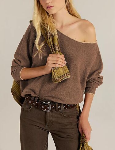 Vimida Womens Sweaters Oversized Off The Shoulder Pullover Tops Long Sleeve Knit Sweater Dressy Casual Outfits(rown-S) Brown in Saudi Arabia