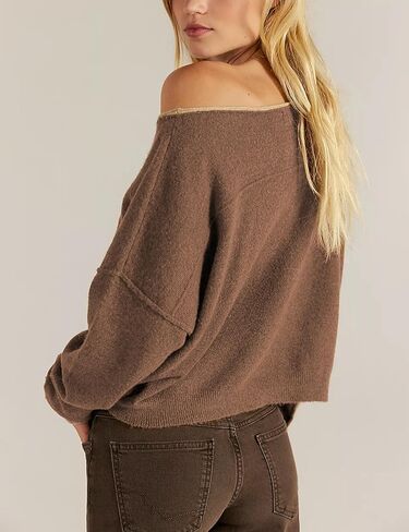 Vimida Womens Sweaters Oversized Off The Shoulder Pullover Tops Long Sleeve Knit Sweater Dressy Casual Outfits(rown-S) Brown in Saudi Arabia