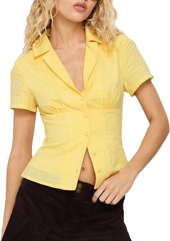 VFURYGD Women Y2K Button-Up Short Sleeve Shirt Slim Fit V Neck Lapel Collar Cropped Top Blouse in Saudi Arabia