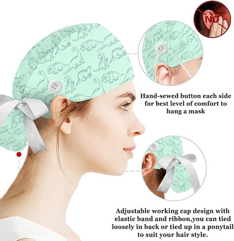 قبعات فرك النساء قبعات التمريض مع زر، قبعة عمل قابلة للتعديل مع الحقيبة ذيل حصان Scrunchy وربطة عنق الشريط للنساء in Kuwait