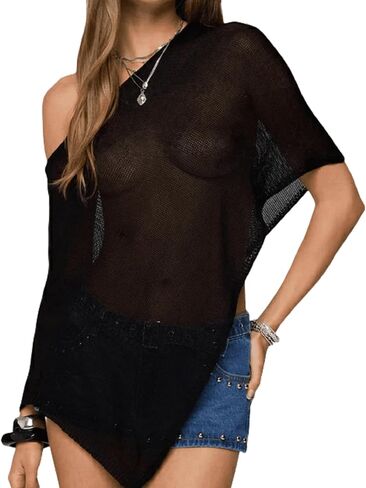 Aonoapll Women Sheer Knit Poncho Off Shoulder Asymmetric Shrug Sweater Pullover Top See Through Cover Up Tops in Saudi Arabia