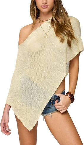 Aonoapll Women Sheer Knit Poncho Off Shoulder Asymmetric Shrug Sweater Pullover Top See Through Cover Up Tops in Saudi Arabia