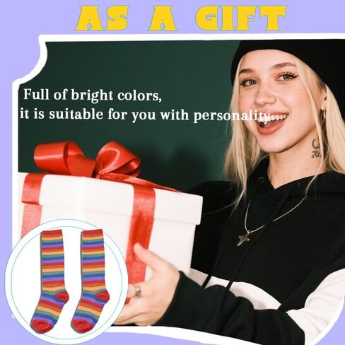 Rainbow Striped Knee Calf Socks for Women Long Stockings for Women Colorful High Socks for Sister Costume Accessories for Friend Birthday Gifts for Daughter Granddaughter 7.87 * 13.78 Inch in Saudi Arabia