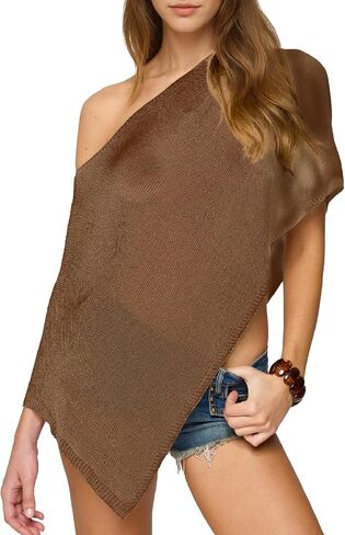 Aonoapll Women Sheer Knit Poncho Off Shoulder Asymmetric Shrug Sweater Pullover Top See Through Cover Up Tops in Saudi Arabia