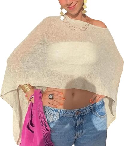 Aonoapll Women Sheer Knit Poncho Off Shoulder Asymmetric Shrug Sweater Pullover Top See Through Cover Up Tops in Saudi Arabia
