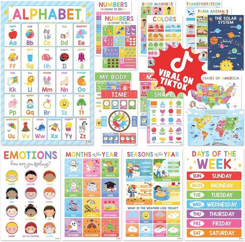 Beawart 16 Boho Groovy Eduals Posters for Preschoolers-مخططات ملصقات تعليمية مرحلة ما قبل الروضة ورياض الأطفال للأطفال الصغار 1-3-5-ديكور في المنزل والفصول الدراسية لجدران الأطفال in Kuwait