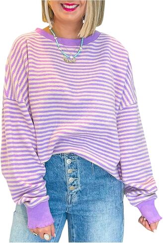 SHENHE Women's Oversized Sweatshirt Striped Drop Shoulder Ruffle Y2K Baggy Fall Sweatshirt in Saudi Arabia