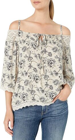 Angie Women's Printed Cold Shoulder Top with Lace and Tassels in Saudi Arabia
