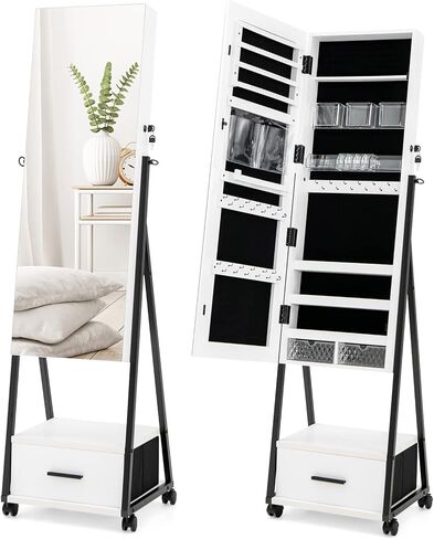 COSTWAY Mirror Jewelry Cabinet with Wheels, Standing Full-length Mirror with Jewelry Storage, Lockable Jewelry Organizer Box with Drawers, Rolling Jewelry Armoire for Women Girls Bedroom (Black) in Saudi Arabia