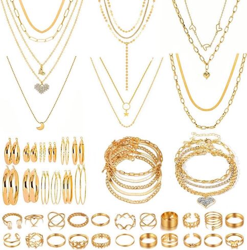 KOSMOS-LI 45 PCS Silver Plated Jewelry Sets with Costume 8 PCS Multi Layer Chain Necklace, 9 PCS Bracelet, 5 Pair Stud Earring, 22 PCS Knuckle Rings for Women in Kuwait
