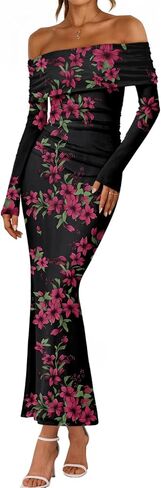 Lillusory قبالة الكتف Bodycon Floral Dress 2025 Fall Long Sleeve Maxi Wedding Guest Cocktail Out Out Club Dresses in Saudi Arabia