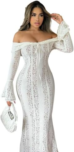 Women's lace Off The Shoulder Evening Dress 2024 Black Mermaid Cocktail Wedding Party Maxi Dress in Saudi Arabia