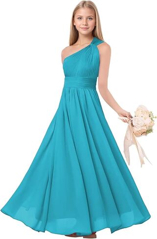 OERPPTA فساتين وصيفة العروس الصغيرة بكتف واحد للفتيات فستان رسمي من الشيفون مطوي للمراهقين فساتين زفاف طويلة للضيوف in Kuwait